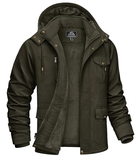 KEFITEVD vinterparkas herr, fleece, fodrad vinterjacka med många fickor, huva, varm, vinterkappa, övergångsjacka, militärjacka med ståkrage, Dunkeloliv, L