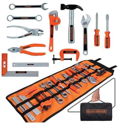 JAKKS Pacific Black+Decker Kids Tool Bag Set 13-Piece Junior Roll Up Bag Pretend Play Tools, Hammer, Phillips Screwdriver, Pliers, Adjustable Wrench & More! for Boys & Girls Ages 3+