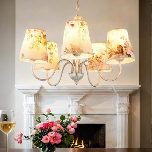 Licht-Erlebnisse Hängeleuchte 5-flammig Floral Metall Stoff in Shabby-Weiß Blumen 5xE27 D:57cm Landhaus Schlafzimmer Wohnzimmer Kronleuchter Hängelampe Pendelleuchte