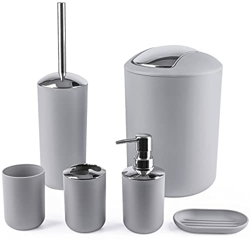 Papillon Bathroom Accessories - 6 Piece Plastic Gift Toothbrush Holder,Toothbrush Cup,Soap Dispenser & Dish,Toilet Brush Holder,Trash Can,Tumbler Straw Set (Gray)