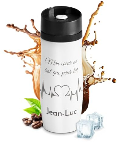 Maverton Thermo Mug Blanc avec personnalisation, Thermos Café-Thé 42cl | Mug isotherme de 42 cl, Fermeture à Pression, En acier inoxydable, Cadeau d’anniversaire pour chaque homme, Amour