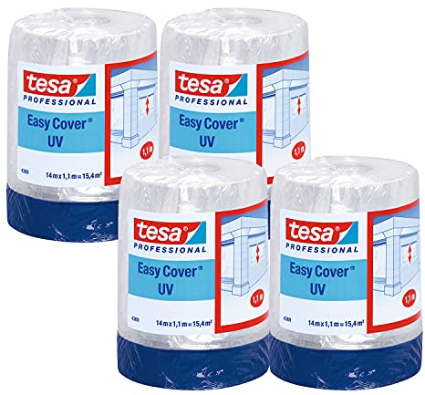 tesa Easy Cover 4369 UV Malerband mit Folie, 8er-Pack,14 m x 1,1 m - Blau | UV-beständiges Abklebeband für Malerarbeiten im Außenbereich - 2-in-1 Set mit Malerkrepp aus Gewebeband und Malerfolie