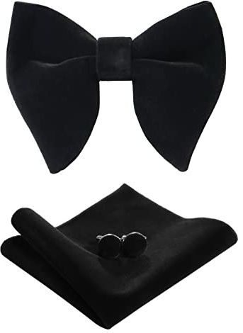 PACGOTH Bow Ties for Men Pre-Tie Bow Tie Vintage Tuxedo Oversized Velvet Bowtie Cufflinks Pocket Square Sets for Wedding & Party with gift Box (Black)