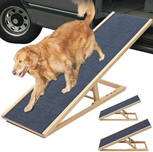 Escalera para perros de 100 cm de largo, plegable, rampa para mascotas, con alfombra antideslizante, 4 alturas ajustables, para perros grandes, madera de pino, escalera para mascotas, máx. 150 kg