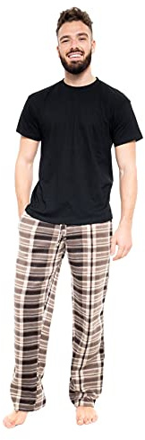 Pijama de manga corta para hombre conjunto de algodón rico top cepillado de forro polar parte superior pantalones de PJ, Negro - Beige Check, M