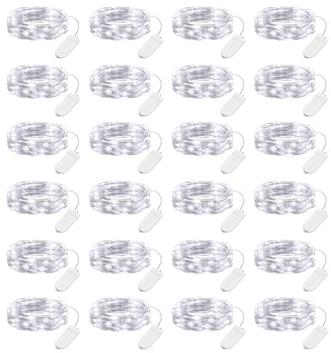 Brightown 24 Pack LED Fairy Lights Battery Operated 7 ft 20 LED String Light Waterproof Silver Wire Firefly Starry Lights for Crafts Wedding Party Bedroom (White)