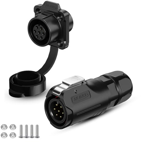CNLINKO LP-12 Conector impermeable IP68 para cable Conector circular industrial Conector de carcasa PBT Conector de aviación estanco de liberación rápida M12 2-8 Pines Zócalo de brida (7 Pines)
