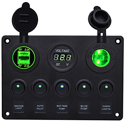 Riloer Interrupteur à bascule 5 gangs, interrupteur du panneau de commande du tableau de bord, avec double prise USB, allume-cigare + voltmètre, pour voiture de bateau marin, vert