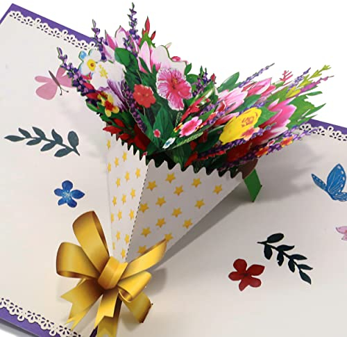 Driveloop® Geburtstagskarte 3D Pop Up, Blumenstrauß in Lila mit natürlichem Umschlag – Grußkarte & Hochzeitskarte mit köstlichen Blütenblättern für Frau, Mann, Freundin, Kinder & Unisex