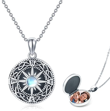 JFASHOP Kompass Kette Damen 925 Sterling Silber Mondstein Kompass Anhänger Halskette Keltische Halskette Herren Mondstein Schmuck Amulett Kette Halloween Thanksgiving für Mädchen Kinder