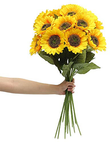 Laelfe Large Sunflowers Artificial Flowers, 60 cm Long Stem Fake Silk Sunflowers Realistic Faux Sun Flower with Dark Center for Home Graves Wedding Birthday Party Office Outdoor Decorations (6 Pcs)