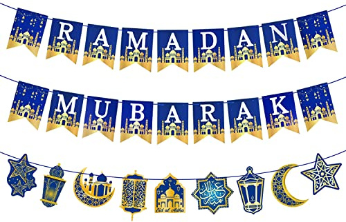 AhfuLife Ramadan Mubarak Dekoration, Ramadan Deko - Vormontiert Ramadan Mubarak Banner Stern Mond Laterne Girlande, Ramadan Kareem Dekoration für Muslim Islamische Party Umrah Eid Mubarak Deko