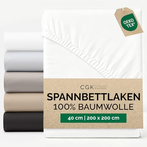 Spannbettlaken 200x200 - Baumwolle Mako Satin 40cm (16) tief - Weiß | 400 Fäden, Gebürstet, Knitterfrei, Atmungsaktiv, Strapazierfähig, Pflegeleicht, Boxspringbett, Baumwollsatin, OEKO-TEX
