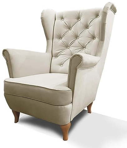 Mars Meble Ohrensessel aus Velours, Sessel mit Holzbeine, Wohnzimmersessel mit Wellenfedern, Elegant und Bequem (Stoff: Paros 02 - beige)