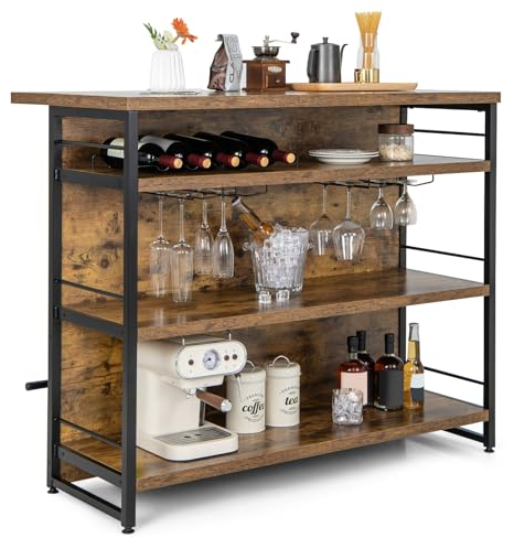COSTWAY Hausbar Schrank, Küchenregal mit 4 offenen Ablagen & Weinregal & Gläserhalter, Standregal 120 x 60 x 101 cm, Barschrank mit Fußstütze & verstellbaren Fußpolstern (Rustikales Braun)
