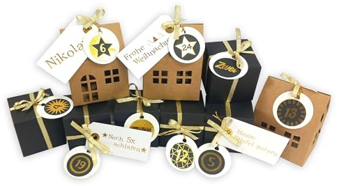 Frau WUNDERVoll® DIY Adventskalender Vorfreude zum Befüllen, 24 Faltschachteln 12x Kraftpapier Haus 9x6x11,5cm, 12x matt schwarz 10x7x7cm, Zahlen gold metallic, Anhänger - Weihnachten Faltverpackung