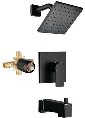 VIKASI Matte Black Shower Faucet Set with Tub Spout, 6 Inch Rain Shower Head and Tub Spout, Shower Fixtures with Tub Spout, Tub and Shower Trim Kit