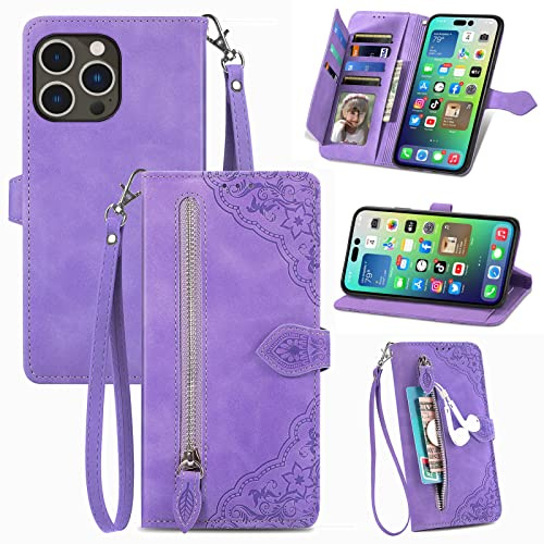 JayModCase Custodia per iPhone 14 Pro Max (6,7 pollici), con chiusura lampo Funzione Stand scomparti [Magnetica] [Antiurto] Pelle portafoglio Cover per iPhone 14 Pro Max - Viola