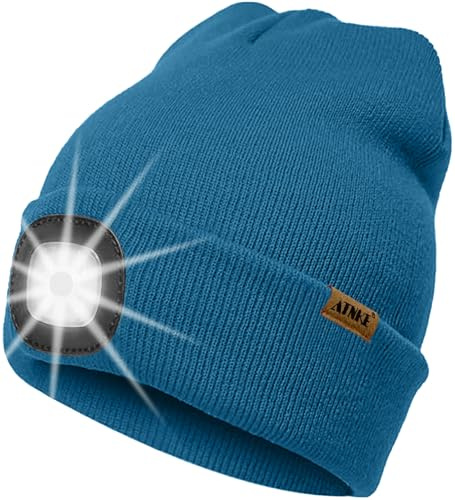 ATNKE LED Beleuchtete Mütze mit Licht,Wiederaufladbare USB 4 LED Beleuchtete Laufmütze Extrem Heller Lampe Winter Warme Stricken Mütze Technik Geschenke für Herren und Damen