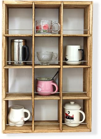 YIYUESHIJIU Wall Mounted Coffee Mug Rack, 17x25 Large Wooden Shelves Cup Holder Shadow Box, Rustic Shot Glasses Display Case With 12 Compartment (Carbon)