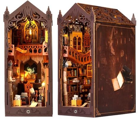 YANGUN DIY Book Nook Kit, 3D Puzzle Holz Buchstütze, DIY Miniatur Haus mit Sensorlicht und Möbeln, Puppenhäuser Miniatur Haus Kit, Modellbausätze für Erwachsene zum Bauen (Magische Bibliothek)