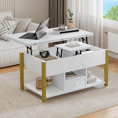 YITAHOME Couchtisch mit Höhenverstellbarer, 4-in-1-Multifunktions-Couchtisch mit Stauraum, Couchtisch lässt Sich in einen Esstisch für das Wohnzimmer umwandeln, Weißer Marmor
