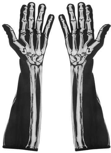 WOFASHPURET Halloween Skelett Handschuhe Mit Totenkopf Motiv Lange Knochenhandschuhe Für Erwachsene Und Jugendliche Atmungsaktive Geisterhandschuhe Als Kostümzubehör Für Halloween Partys Und Fotos