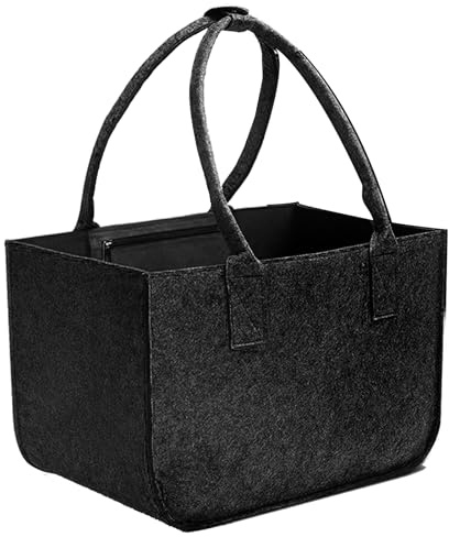 STQDEU einkaufskorb thermo, filz einkaufstasche mit griffen, filztasche groß, brennholz filztasche shopper, kaminholzkorb, strapazierfähige filz einkaufstasche,verwendbar (dark grey, S(40*27*27CM))