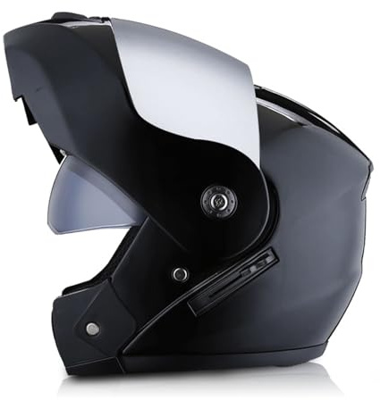 RYDZCLH Casque De Moto Modulaire, Approuvé Dot, Double Visière, Casque De Moto Intégral Rabattable Intégré pour Hommes Et Femmes, Casque De Course De Vélo De Rue,Bright Black,S 55~56cm