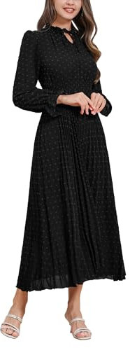 IDOPIP Women Fall Midi Dress Swiss Dot Long Sleeve Elegant Casual Flowy A-Line Dresses High Waisted Black M