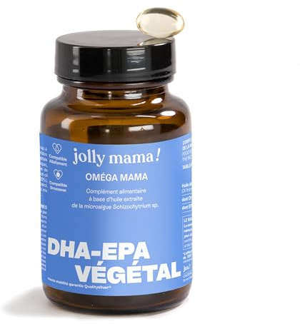 Jolly mama! Oméga Mama | DHA-EPA Végétal | Hautement Assimilable | Favorise le développement cérébral du bébé pendant la grossesse et l’allaitement | Fabriqué en France | 30 Gélules