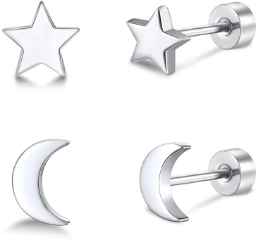 FACOKO 2 Paar Titan-Ohrstecker mit flacher Rückseite, hypoallergen, für Damen Mondstern/Herz-Zirkonia/Schmetterlingsblitz/Dreieckskreuz