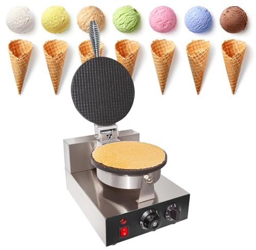 Commercial Electric Ice Cream Cone Maker Machine, 1200W Waffle Cone Maker Stainless Steel with Time & Temperature Dual Control, Nonstick Egg Roll Mold,Single-110V