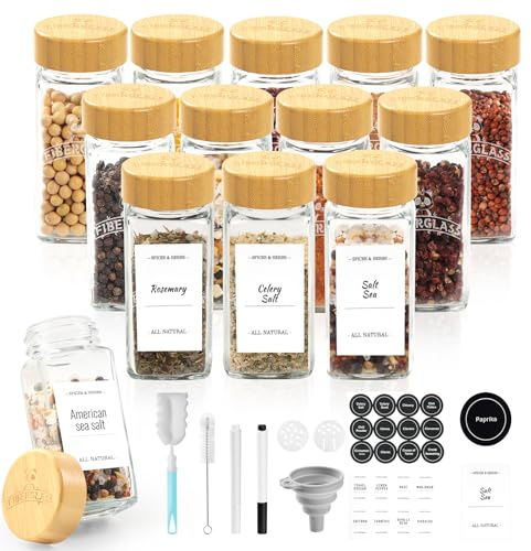 SXTIHD Pot à Épices en Verre et Bois, 12×120ml Bocaux à Épices Cuisine Carré, Boite Epices avec Couvercle en Bambou Hermétique, Rangement pour Épices, Étiquette
