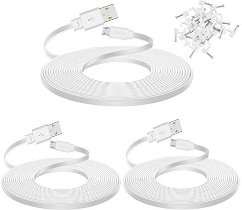 Smays 3-Pack 25 ft Extension Cable for WYZE Cam v4, WYZE Cam v3 and v3 Pro Camera, Long Flat Micro USB Cord, White