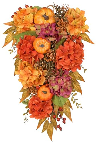 60cm Herbstkranz Künstlich Hortensien Blumenkranz Deko groß mit Kürbis | Künstlich Türkranz mit Tannenzapfen für Haustür, Wände, Fenster, Kamin, Tisch Herbst Dekoration, Halloween Decor