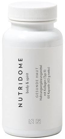 Nutridome Gesunde Haut Kollagen Typ II 60 Kapseln – Nahrungsergänzungsmittel mit Kollagen, L-Arginin, Hyaluronsäure, grünem Tee für gesunde, hydratisierte und elastische Haut, Collagen, Pure