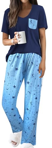 Famulily Women's Comfy Short Sleeve Pajamas Set V Neck Sleepwear Top with Pockets and Casual Pants Pjs Printed Lounge Sets Navy L