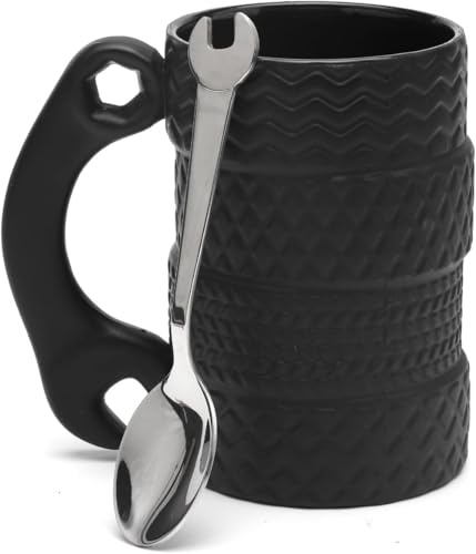 UOCAI Taza para neumáticos de gran capacidad, 450 ml, cerámica con cuchara, taza de neumático 3D, taza de coche grande con asa, tazas de café para oficina, hogar, conductor, mecánico, para hombres