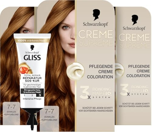 Schwarzkopf Creme Supreme Coloration 7-7 Dunkles Kupferblond (3x 182 ml), dauerhafte Haarfarbe mit Serum und Haar-Maske & SOS-Intensiv-Kur Total Repair (15 ml), Haarkur mit Keratin