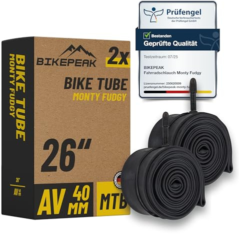 BikePeak 2X Fahrradschlauch MTB 26 Zoll mit schwarzem Autoventil 40mm - Schlauch AV Schrader Ventil, ETRTO 40/62-559, 650B - 2er Set Schläuche Monty Fudgy | ETRTO 40/62-559, 650B, 26x1.50–2.35 – Mountainbike Schlauch, geprüfte Qualität, 1 Jahr Mobilitätsgarantie