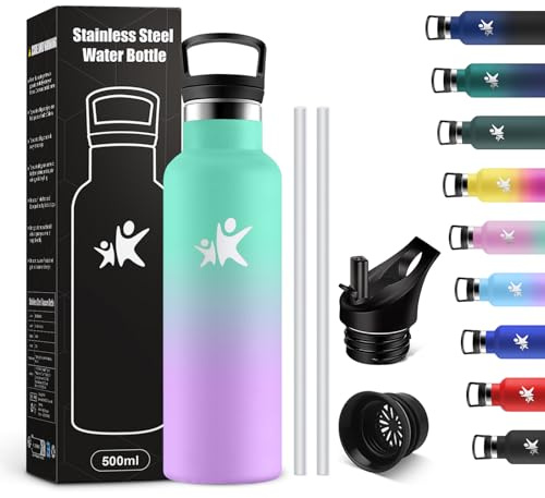 KollyKolla Botella Agua Acero Inoxidable 500ml, Cantimplora Termo con Doble Aislamiento, Botella Termica con Pajita, sin BPA, Termo Reutilizable para Oficina, Camping, Niños, Fitness, Niños, Yoga