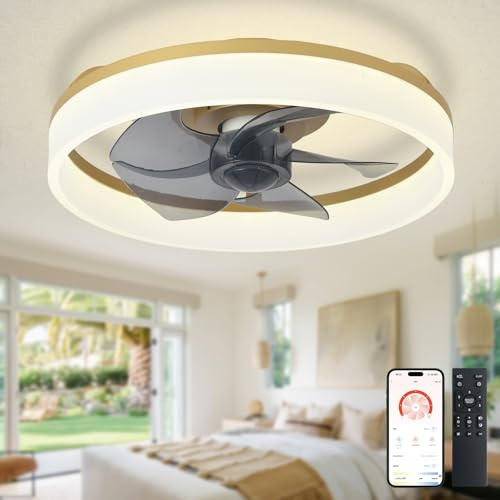 Depuley Ventilatore da soffitto a LED con illuminazione: 16 Lampadario moderno a basso profilo da incasso con telecomando - Lampada a ventilatore senza pale dorata dimmerabile per camera da letto