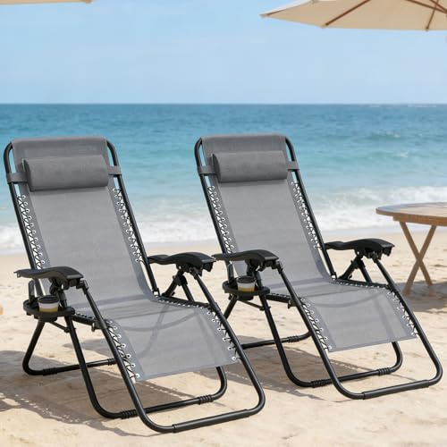 Soontrans 2PCS Sonnenliege Klappbar, Gartenliege Wetterfest, Liegestuhl Garten mit Nackenkissen Getränkehalter Seitentasche, Strandliege Verstellbare Rückenlehne, aus Stahl & Textilenebezug (Grau)