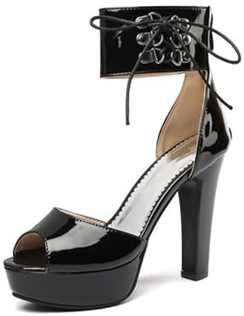 Veelau Meieer Sandalo da donna con plateau rotondo Peeptoe laccato, con tacco a blocco, anello a D, cinturino alla caviglia, Nero , 46 EU
