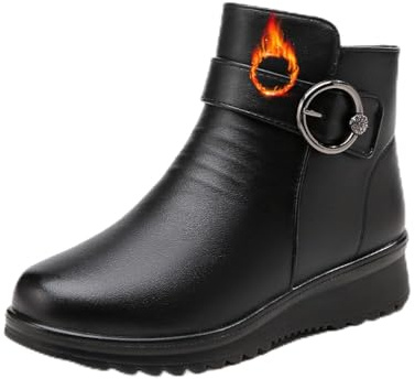 POIOZXD Bottines orthopédiques en cuir véritable avec boucle en métal et laine - Doublure polaire - Fermeture éclair latérale - Pour femme d'âge moyen et seniors, Noir , 10 UK Wide