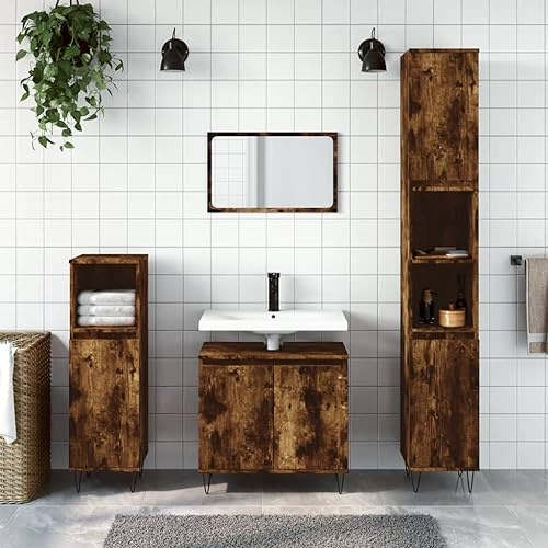 Zeehear 3-TLG. Badmöbel-Set Räuchereiche Holzwerkstoff, 58x33x60cm Waschbeckenunterschrank, Modernes Badezimmer Möbelset mit Metallfüßen, Feuchtigkeitsbeständig