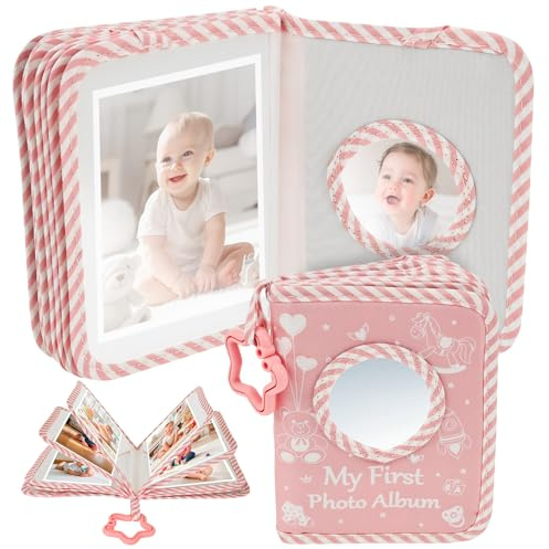 Álbum de fotos de tela para bebé, 10 x 15 cm, para libro de fotos de bebé, tela con gancho de estrella, espejo de seguridad para niños, bebés recién nacidos (estilo rosa 2)