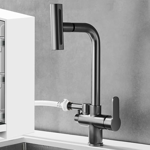 Mitigeur Cuisine avec Interface Lave Vaisselle Extractible Pivotante 4 Modes Robinet de Cuisine Laiton-Gris