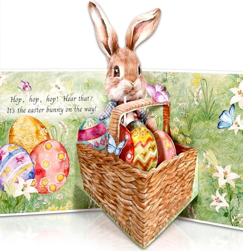 Coralogo 3D Vintage Easter Pop Up Cards – Bunny Sending Eggs Greeting Cards with Envelopes, Happy Easter Gift for Kids Daughter Girls